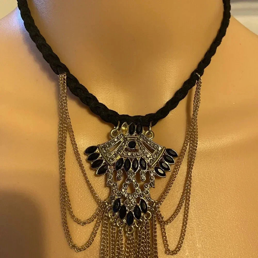 Whimsigoth Grunge Black Rope Rhinestone Tassels Necklace Choker Gold Plated